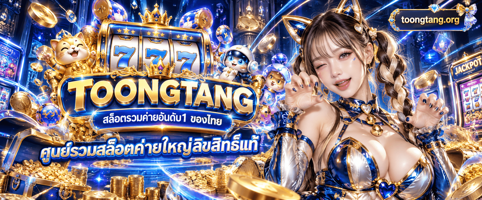 ตู้เกมสล็อตแมชชีนแบบสามมิติมีแสงไฟสีสันสดใสพ่นเหรียญทองรอบป้าย TOONGTANG สล็อตรวมค่ายอันดับ1 ของไทย