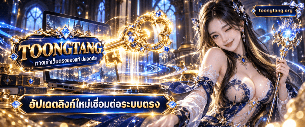 กราฟิกรูปกุญแจดิจิทัลสีทองวางอยู่ข้างโลโก้เว็บไซต์คอมพิวเตอร์แสดง TOONGTANG ทางเข้าเว็บตรงของแท้ ปลอดภัย